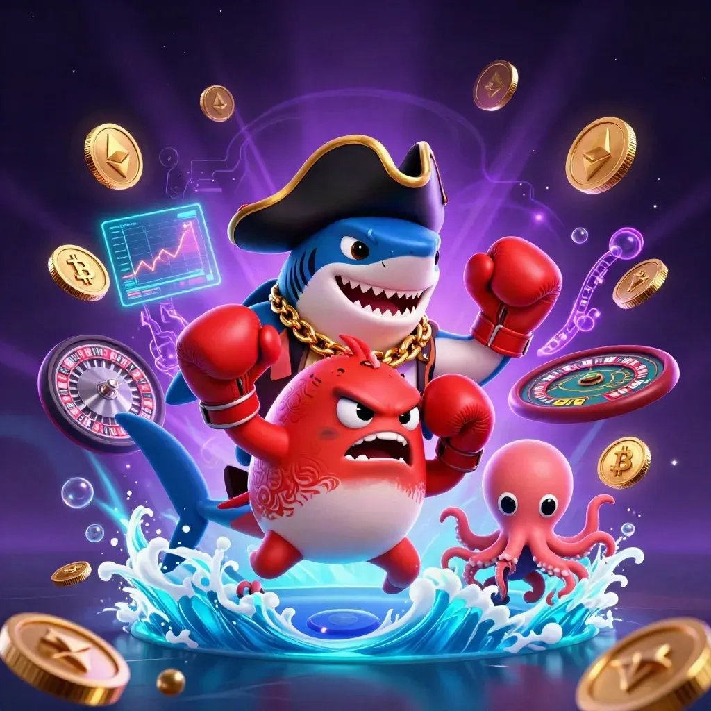 Pirate shark, boxing pufferfish, and juggling octopus amid neon casino coins and magical glow.