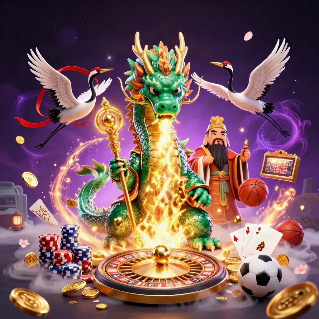 Emerald dragon, turtle sage, and cranes amid casino chips, coins, cards, and glowing magic.