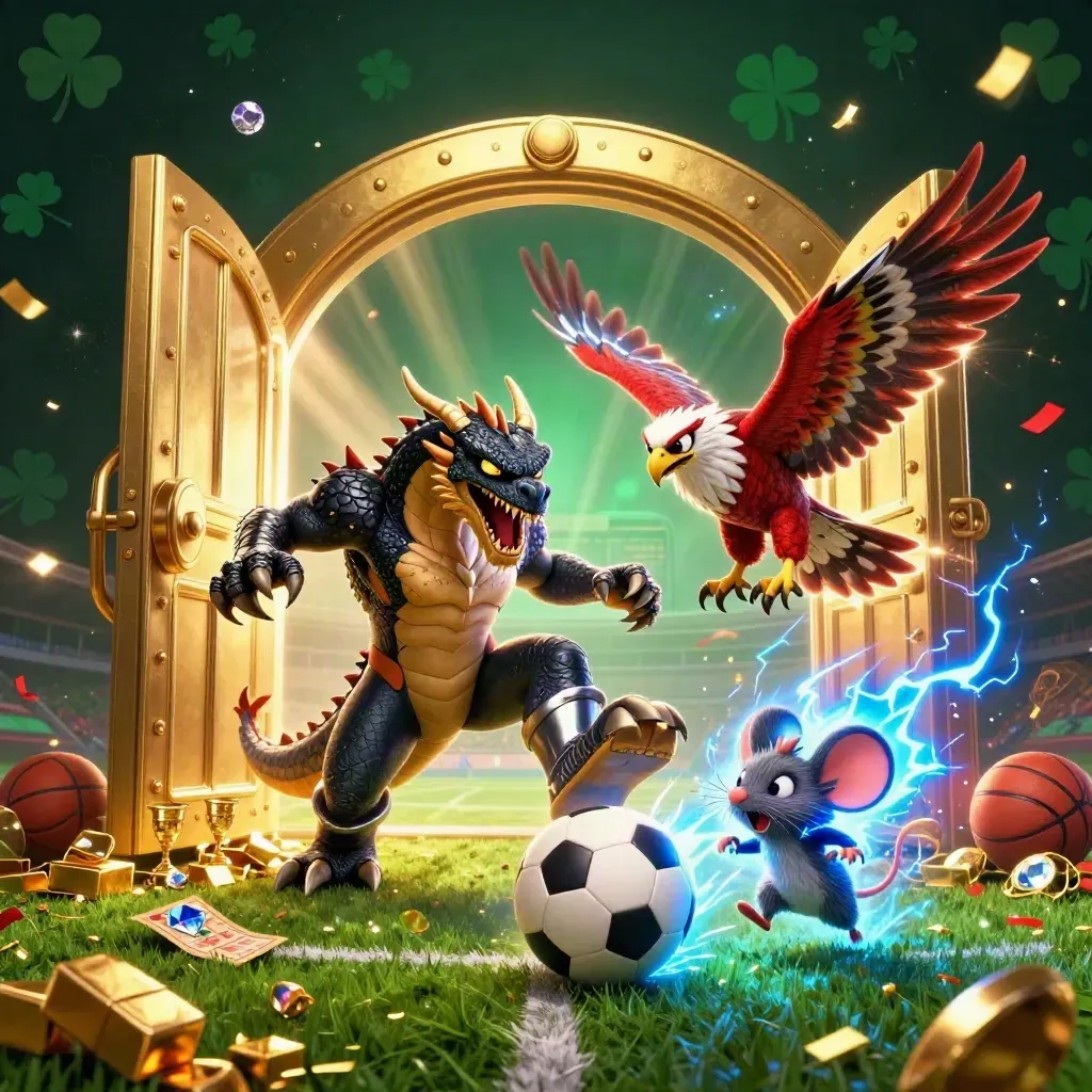 Thunder dragon, hawk, and mouse explode around a soccer ball and gold vault on a neon casino pitch.