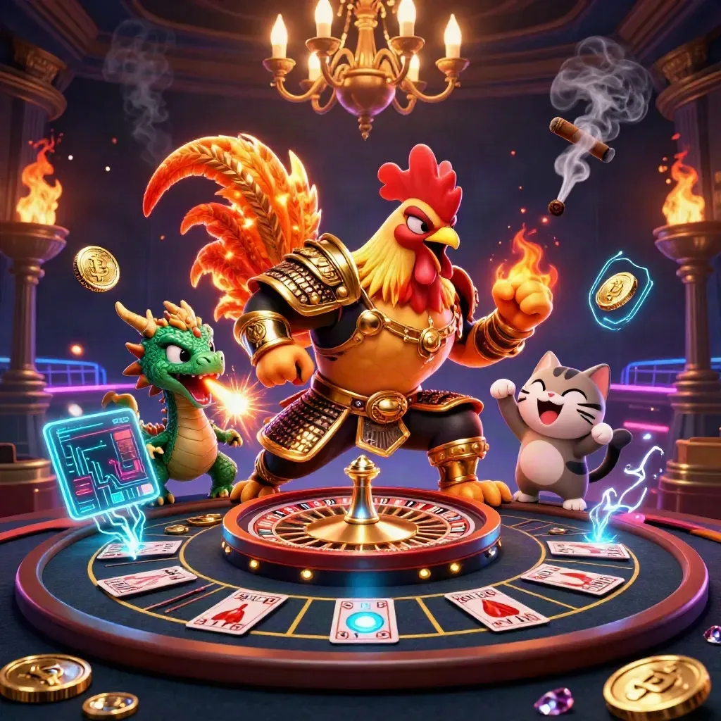 Rooster warrior, dragon hatchling, and fortune cat amid neon casino luxury, roulette spin, live table, sparks and coins.