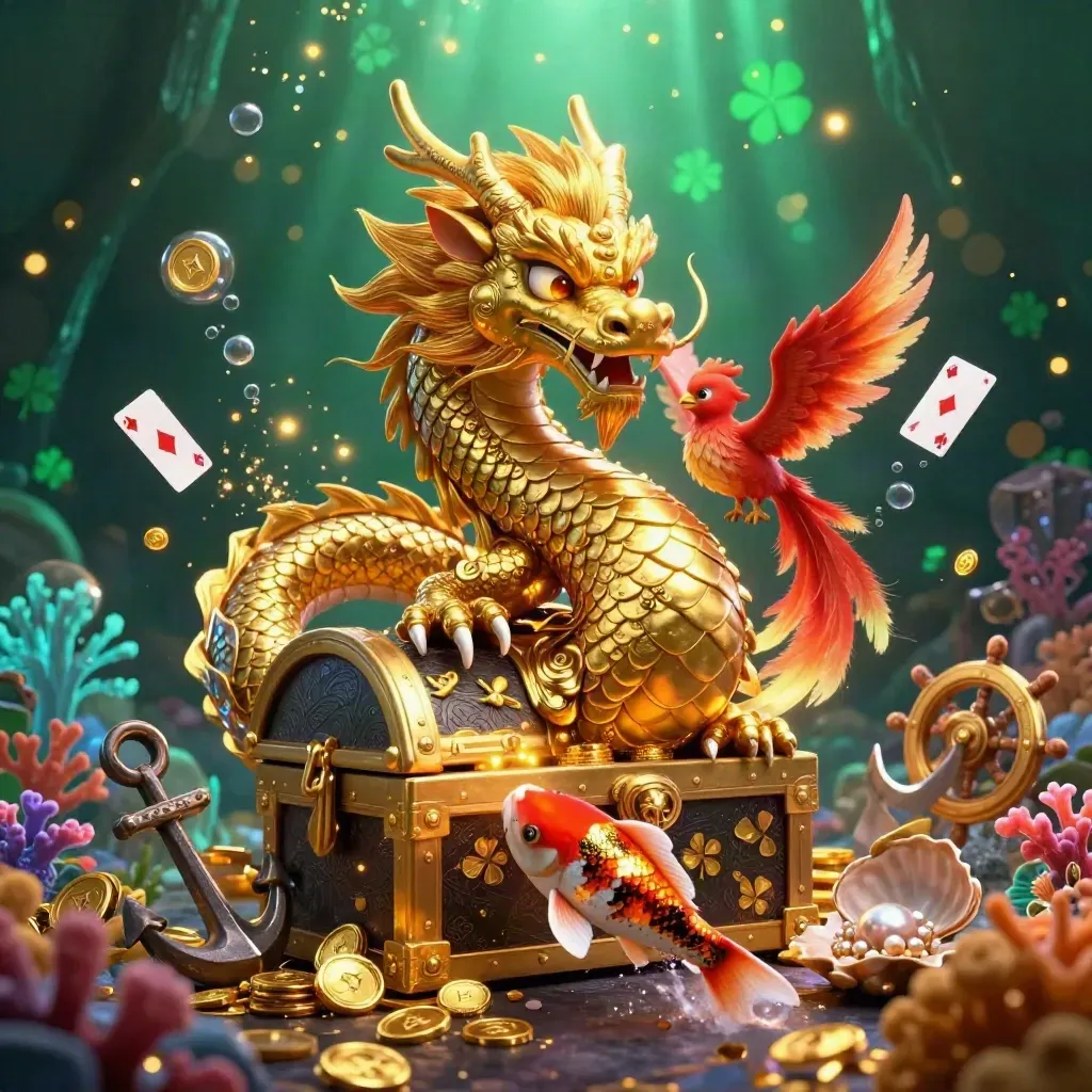 Golden dragon, phoenix, koi, and casino treasures in an emerald underwater jackpot scene.