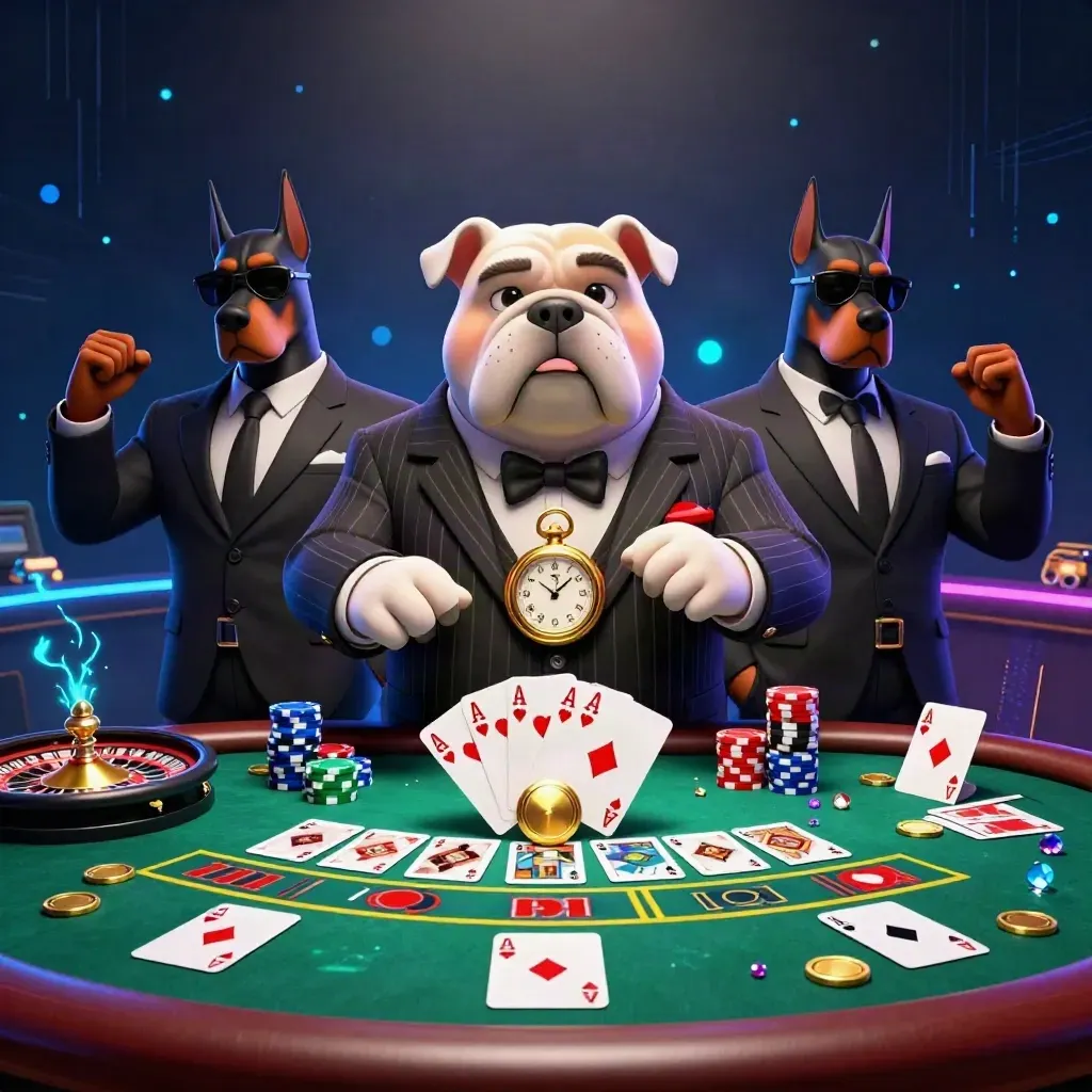 Bulldog crime boss with Doberman guards amid poker chips, roulette wheel, and neon casino glow