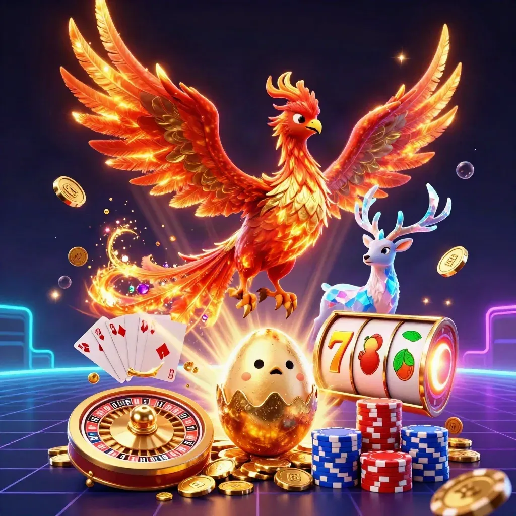 Phoenix trio and crystal stag amid casino chips, cards, coins, roulette glow.