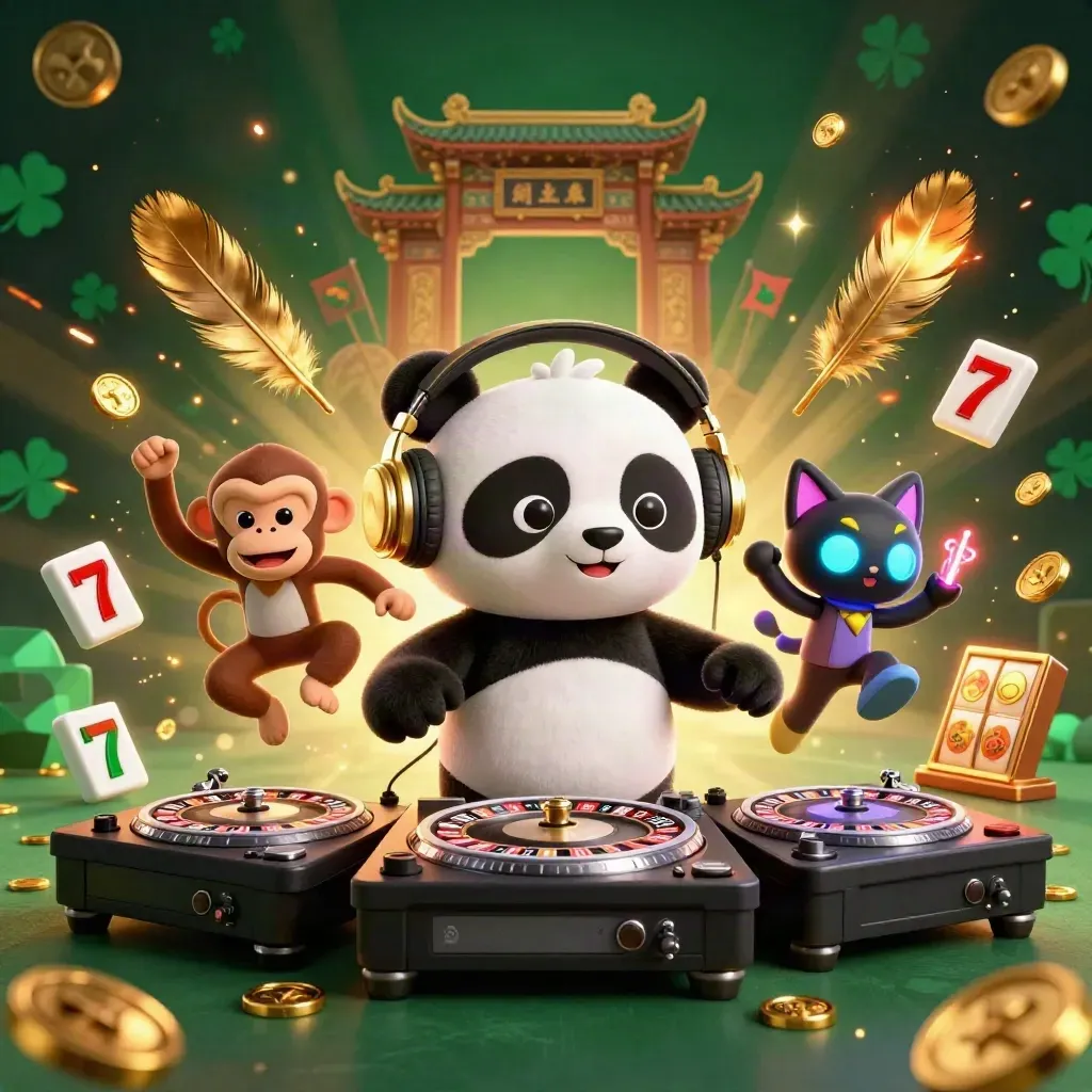 DJ panda, breakdancing monkey, and neon kitten amid roulette wheels and casino treasure.