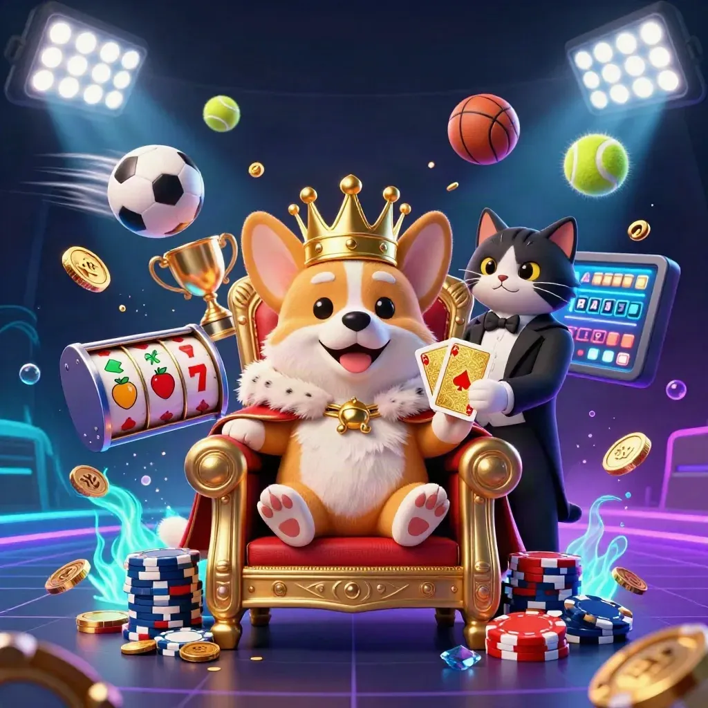 Royal corgi king and cat butler amid casino and sports jackpot bursts, neon-lit.