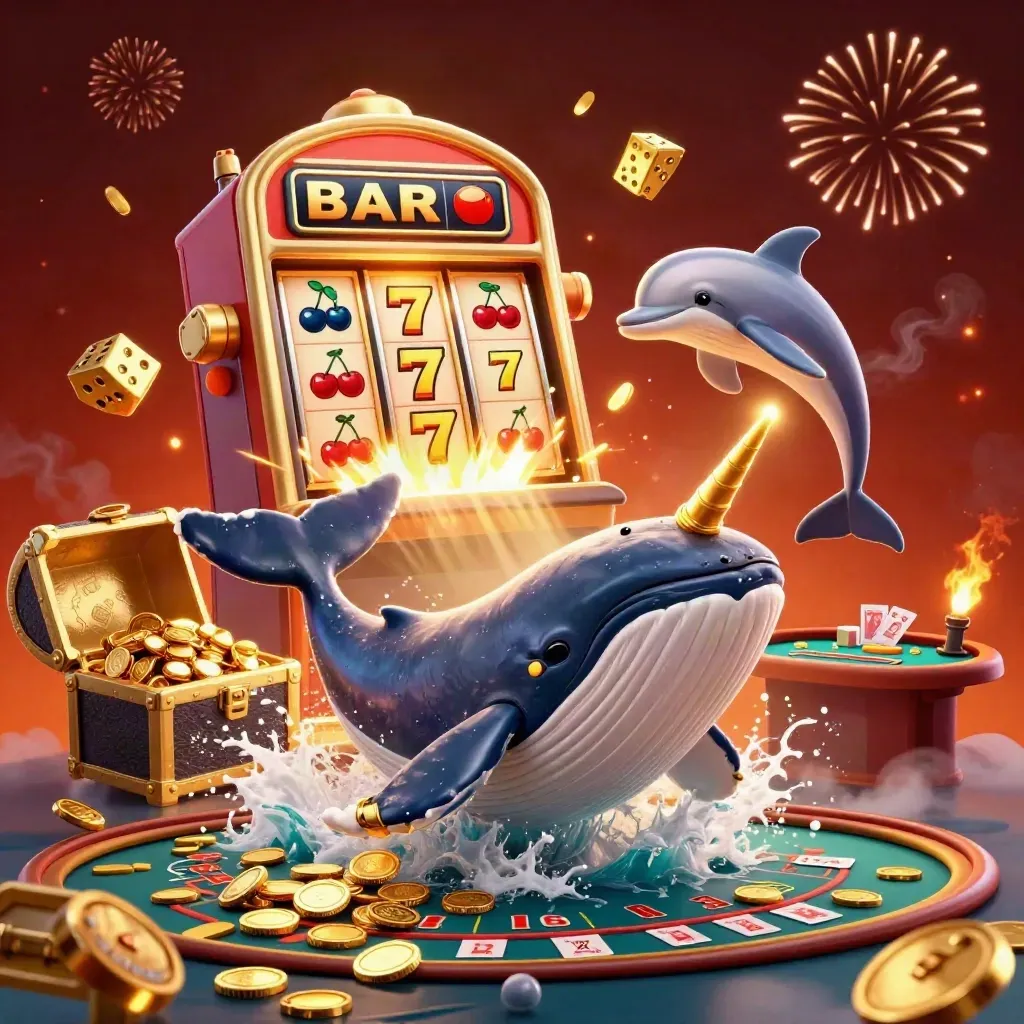 Whale captain, narwhal, and dolphins erupt amid coins, jackpots, and casino lights.