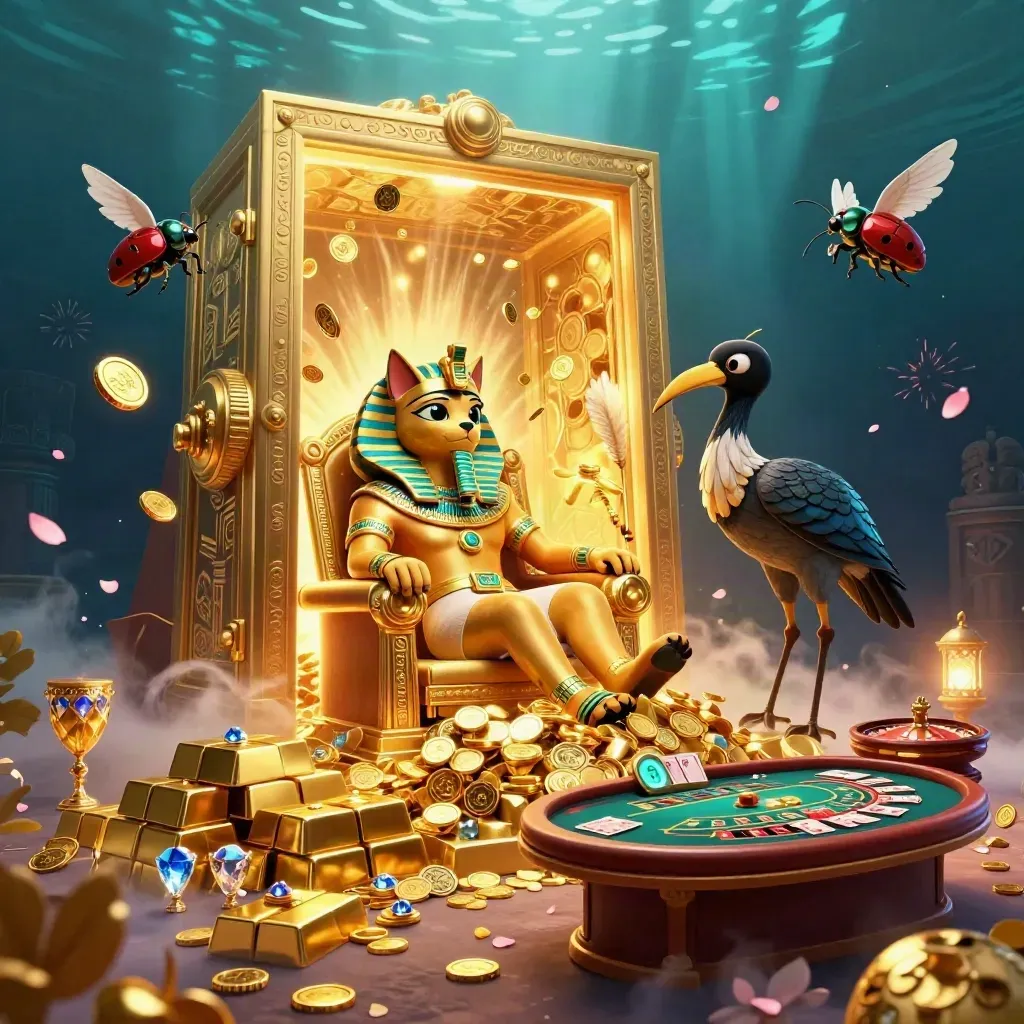 Pharaoh cat, ibis scribe, and gem-winged scarabs amid a vault blast and casino jackpots.