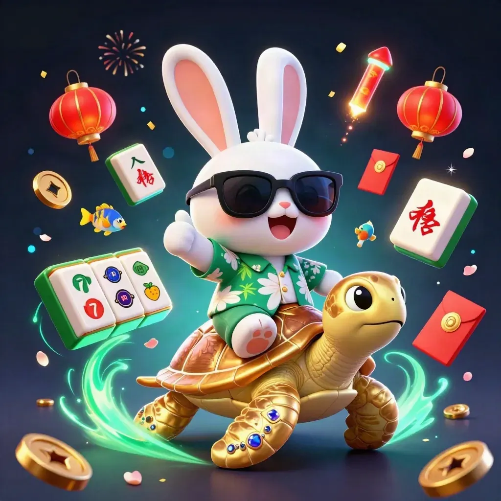 Lucky rabbit rides a gem turtle amid casino symbols, fireworks, coins, and neon glow.