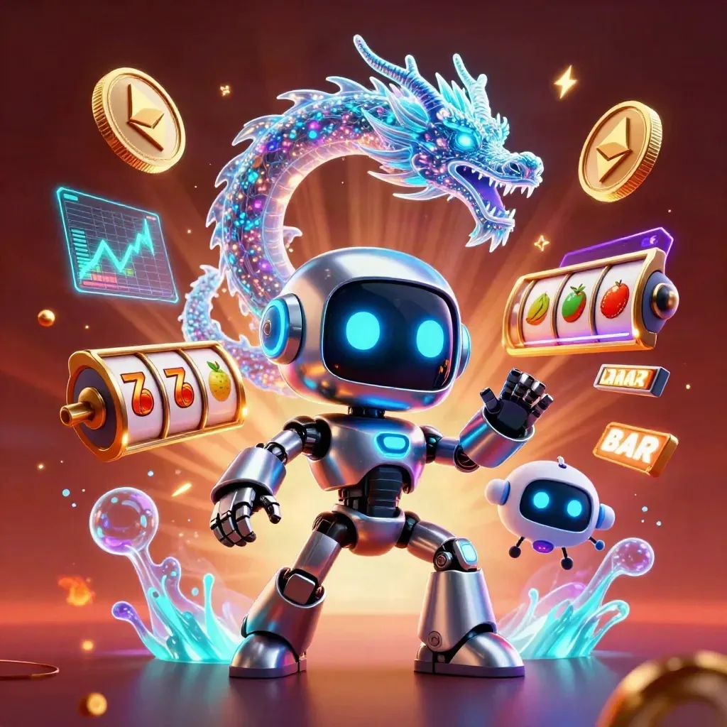 Chrome robot, holographic dragon, and coin drone amid jackpots, coins, lightning, and glowing casino chaos.