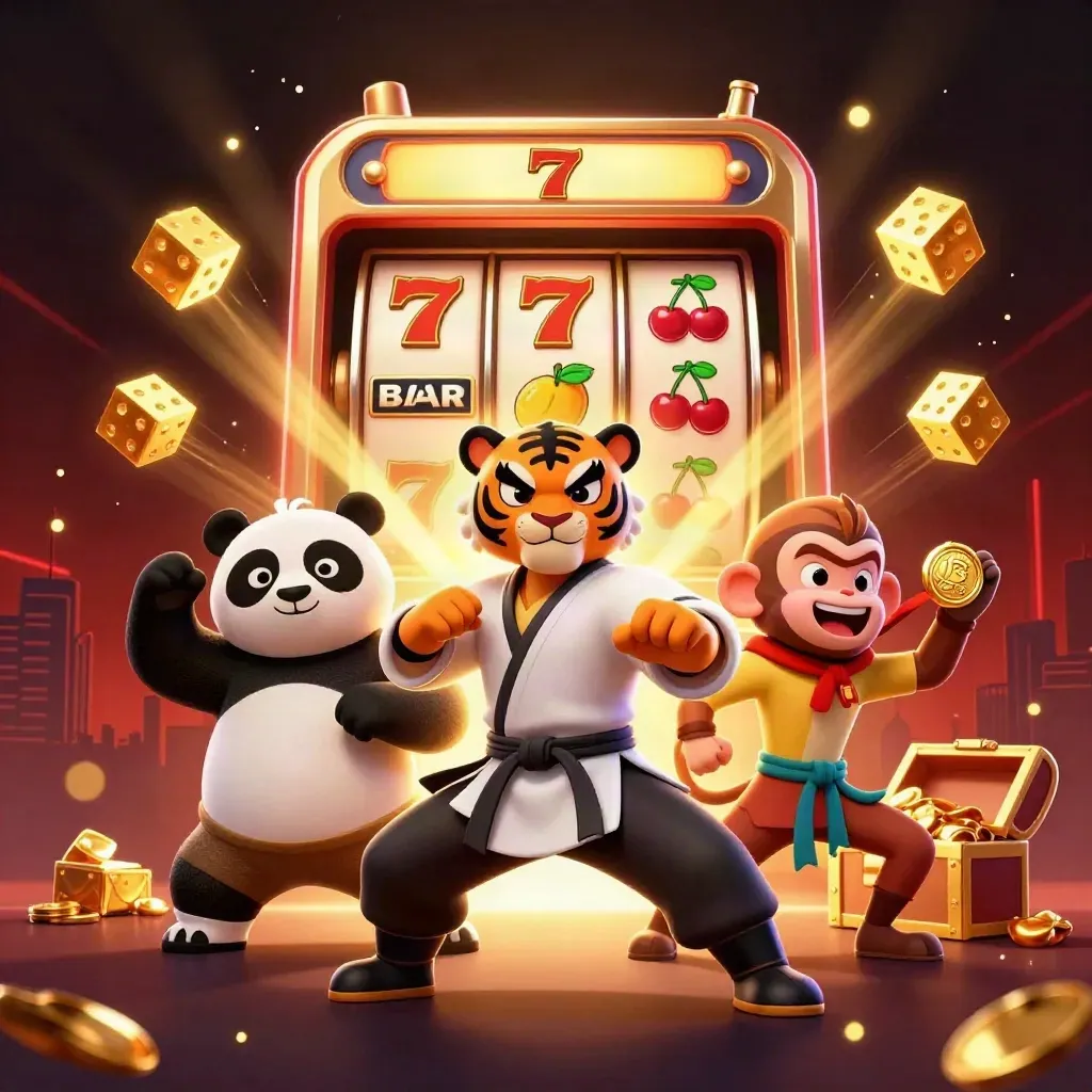 Kung-fu tiger, panda, and monkey amid exploding jackpot reels, gold, and neon casino light