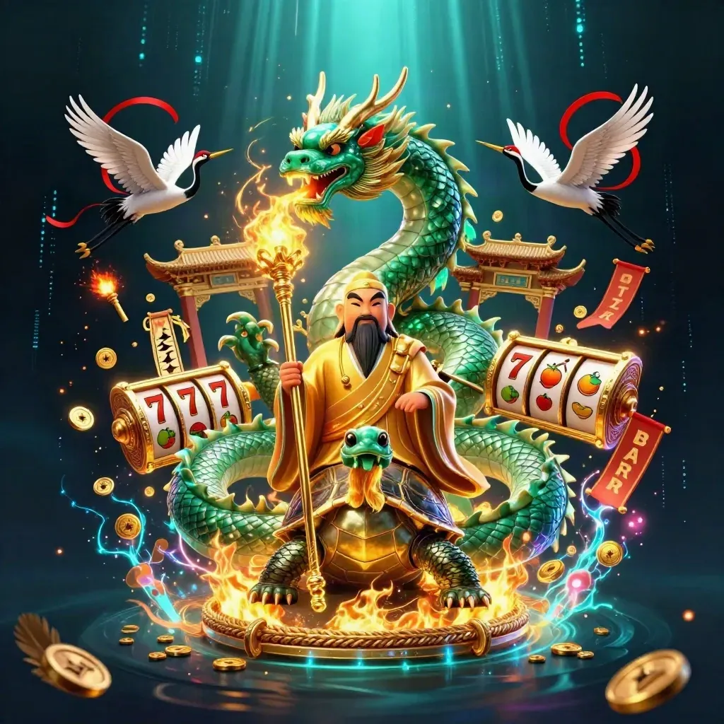 Emerald dragon, turtle sage, and cranes amid gold fire, coins, and a dark casino fantasy glow.